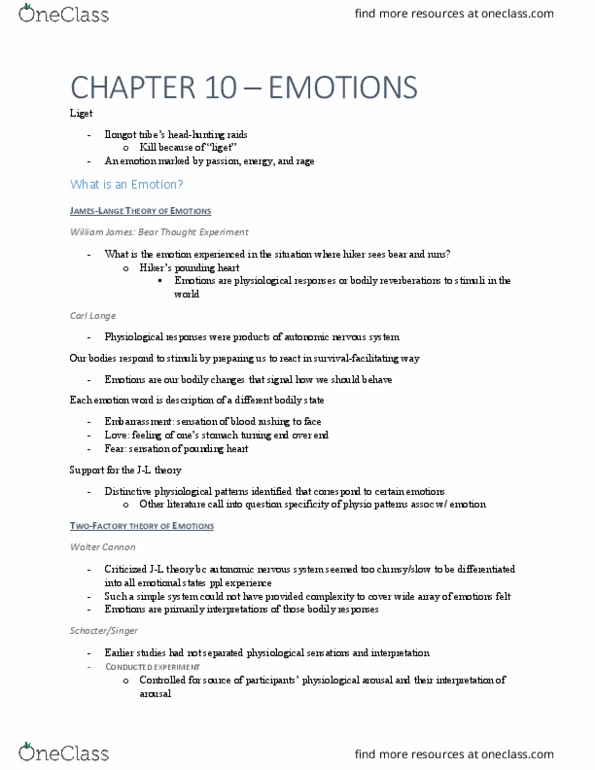 PSYC14H3 Chapter Notes - Chapter 10: Walter Bradford Cannon, Autonomic Nervous System, Ilongot Language thumbnail