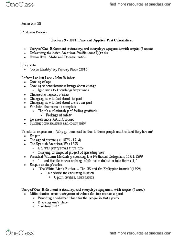 ASIA AM 20 Lecture Notes - Lecture 9: Civilizing Mission, Settler Colonialism thumbnail