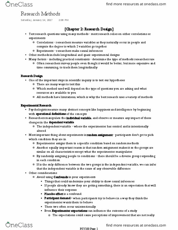 PSY100H1 Chapter Notes - Chapter 2-3: Causal Inference, Random Assignment, Confounding thumbnail