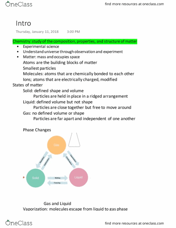 CH-1010 Lecture Notes - Lecture 1: Experiment, Vaporization, Atomism thumbnail