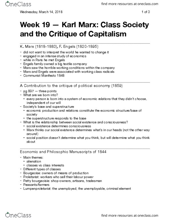 Political Science 2237E Lecture Notes - Lecture 19: The Communist Manifesto, Lumpenproletariat, Labour Power thumbnail