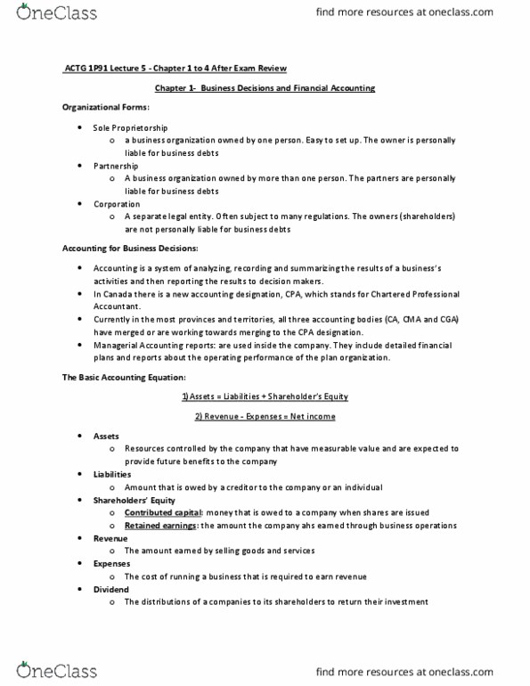 ACTG 1P91 Lecture Notes - Lecture 5: Chartered Professional Accountant, Legal Personality, Sole Proprietorship thumbnail