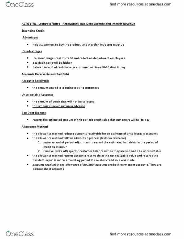 ACTG 1P91 Lecture Notes - Lecture 7: Accounts Receivable, Income Statement, Promissory Note thumbnail