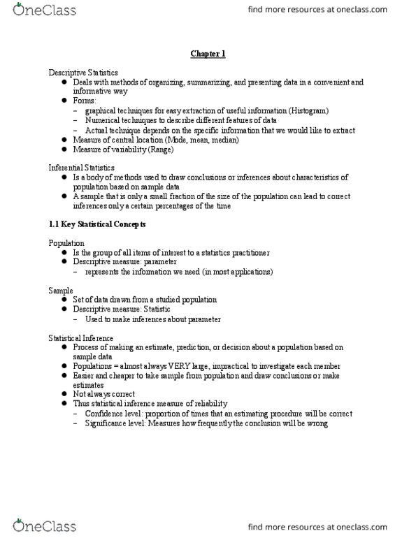 MGMT 1050 Lecture Notes - Lecture 1: Statistical Inference, Type I And Type Ii Errors, Histogram thumbnail