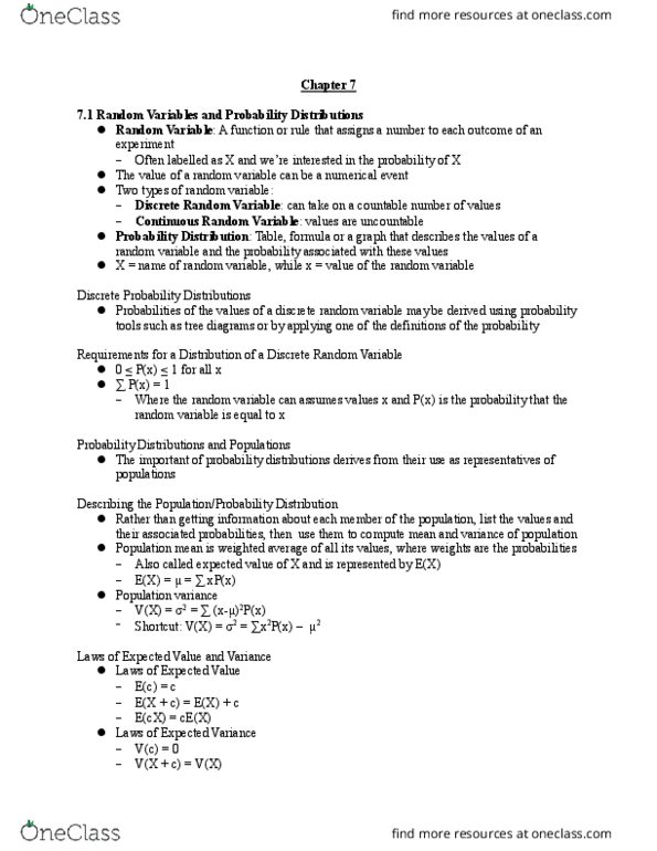 MGMT 1050 Lecture Notes - Lecture 7: Probability Distribution, Random Variable, Weighted Arithmetic Mean thumbnail
