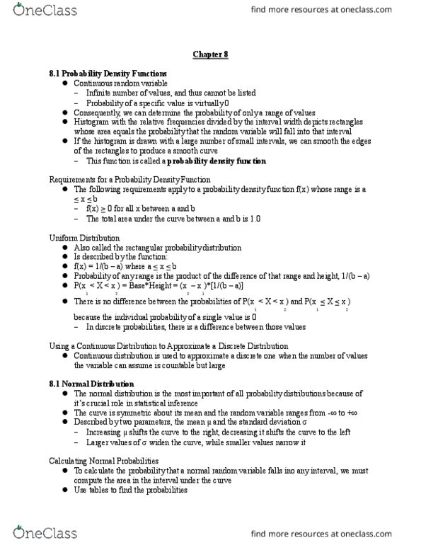 MGMT 1050 Lecture Notes - Lecture 8: Probability Distribution, Standard Normal Deviate, Random Variable thumbnail