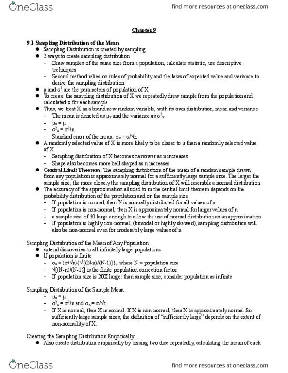 MGMT 1050 Lecture Notes - Lecture 9: Central Limit Theorem, Sampling Distribution, Statistic thumbnail