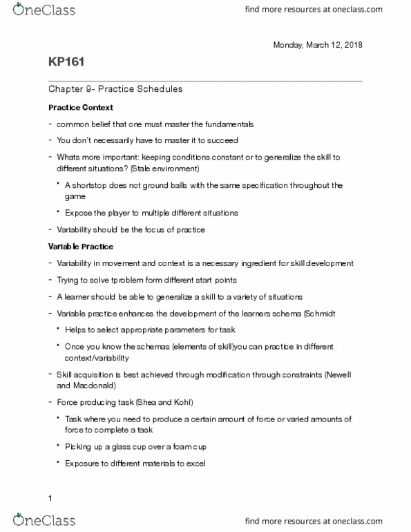 KP161 Lecture Notes - Lecture 9: Shortstop, Motor Learning, Motor Skill thumbnail