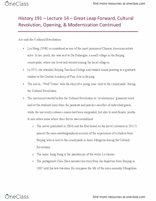 HIST 191 Lecture Notes - Lecture 14: Beijing Normal University, Mikhail Gorbachev, Four Modernizations thumbnail