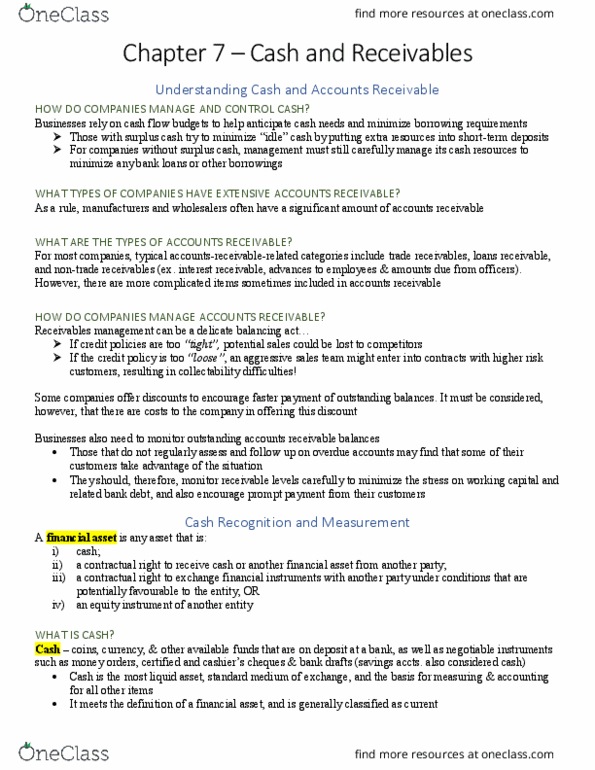 COMM-3016EL Chapter Notes - Chapter 7: Cash Cash, Financial Instrument, Market Liquidity thumbnail