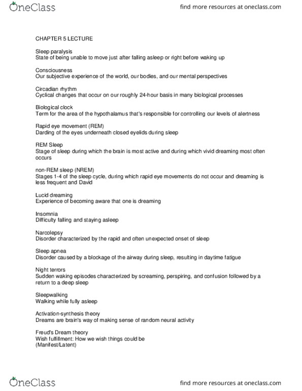 PSY 2012 Lecture Notes - Lecture 13: Lucid Dream, Sleep Paralysis, Circadian Rhythm thumbnail