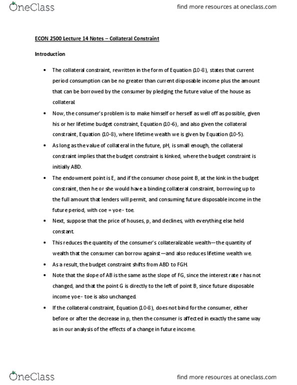 ECON 2500 Lecture Notes - Lecture 14: Budget Constraint, Consumption Smoothing, Indifference Curve thumbnail