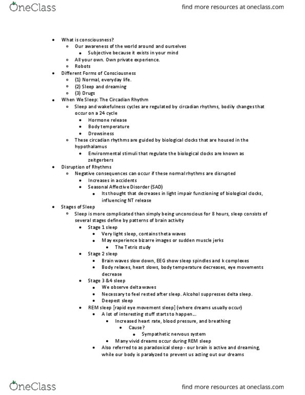 PSYCH 1100 Lecture Notes - Lecture 7: Seasonal Affective Disorder, Circadian Rhythm, Slow-Wave Sleep thumbnail