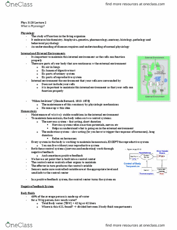 Physiology 3120 Lecture Notes - Lecture 1: Biophysics, Body Water, Homeostasis thumbnail