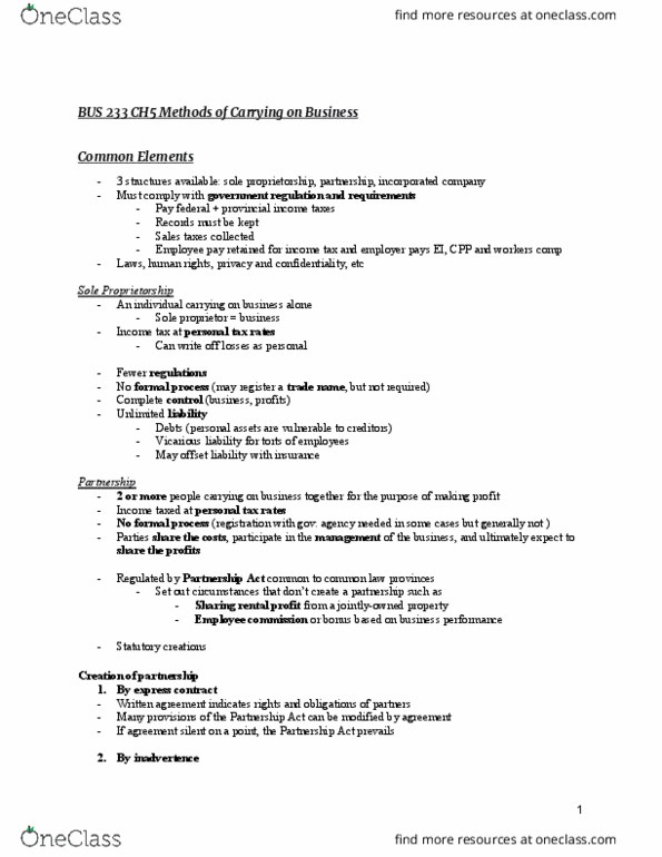 BUS 233 Chapter Notes - Chapter 5: Limited Liability Partnership, Sole Proprietorship, Limited Liability thumbnail