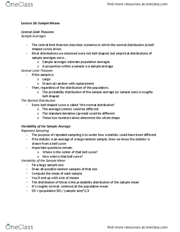 COMPSCI C8 Lecture Notes - Lecture 26: Central Limit Theorem, Standard Deviation thumbnail