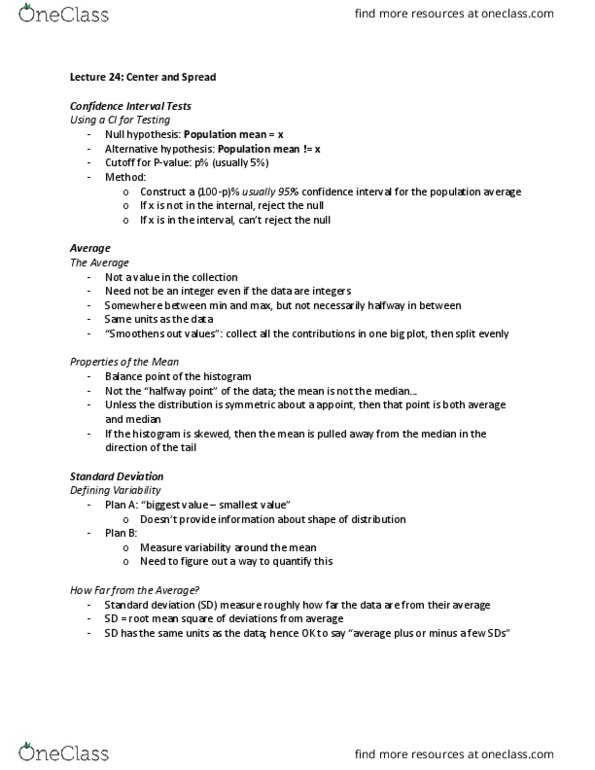 COMPSCI C8 Lecture Notes - Lecture 24: Null Hypothesis, Confidence Interval, Standard Deviation thumbnail