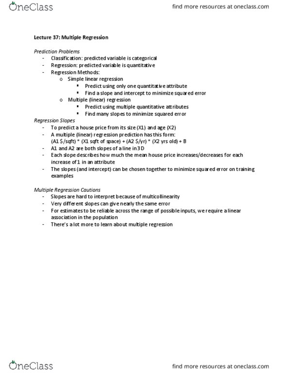 COMPSCI C8 Lecture Notes - Lecture 37: Simple Linear Regression, Multicollinearity thumbnail