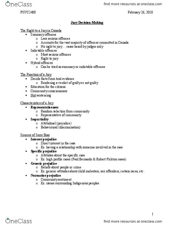 PSYC 2400 Lecture Notes - Lecture 7: Robert Pickton, Paul Bernardo, Summary Offence thumbnail