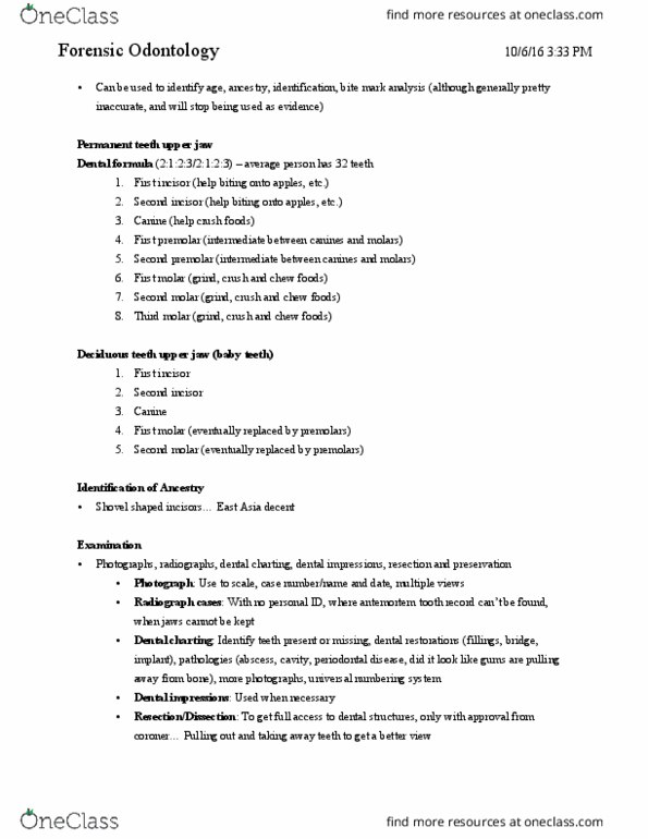 AN 250 Lecture Notes - Lecture 2: Universal Numbering System, Deciduous Teeth, Dental Caries thumbnail