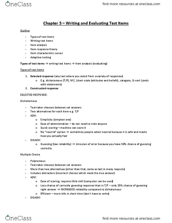 Psychology 2080A/B Chapter Notes - Chapter 5: Item Response Theory, Likert Scale, A.D. Vision thumbnail