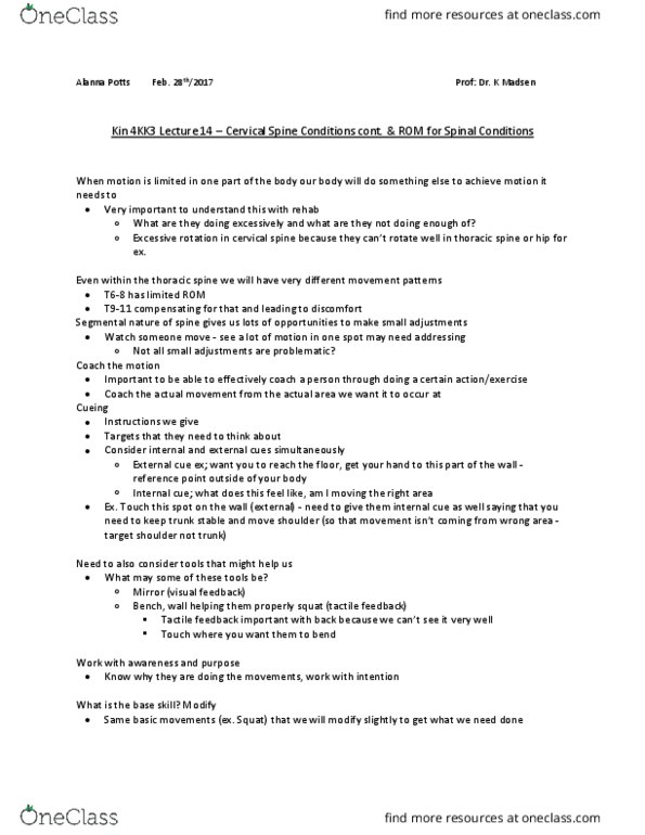 KINESIOL 4KK3 Lecture Notes - Lecture 14: Thoracic Vertebrae, Iliac Crest, Chiropractic thumbnail