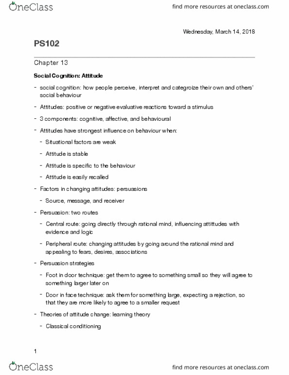 PS102 Lecture Notes - Lecture 13: Social Cognition, Classical Conditioning, Fundamental Attribution Error thumbnail