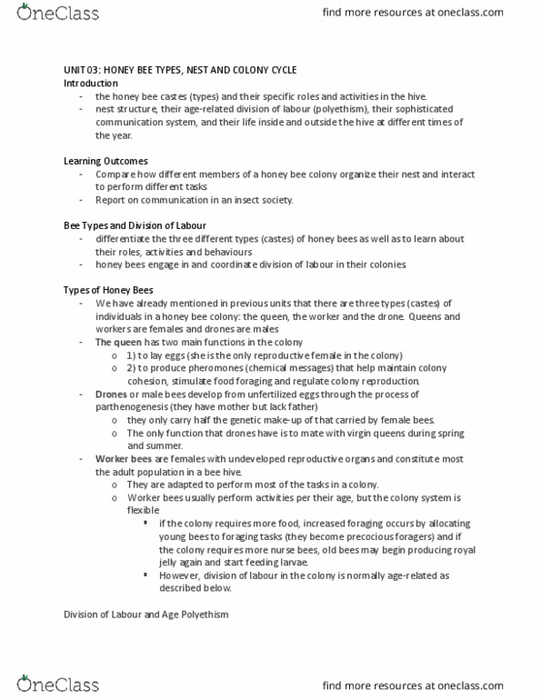 ENVS 2210 Lecture Notes - Lecture 3: Trophallaxis, Royal Jelly, Invertase thumbnail