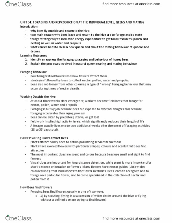 ENVS 2210 Lecture Notes - Lecture 4: Flower Constancy, Propolis, Unit thumbnail