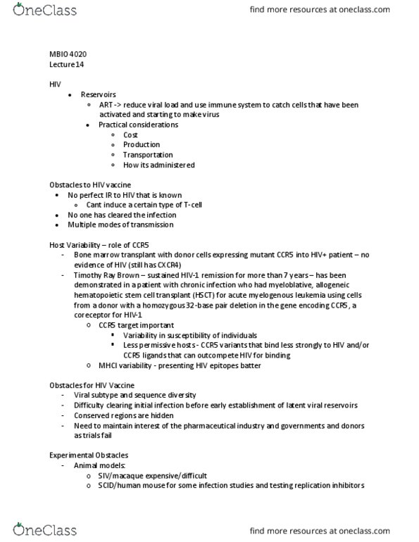 MBIO 4020 Lecture Notes - Lecture 14: Acute Myeloid Leukemia, Hematopoietic Stem Cell Transplantation, Hematopoietic Stem Cell thumbnail