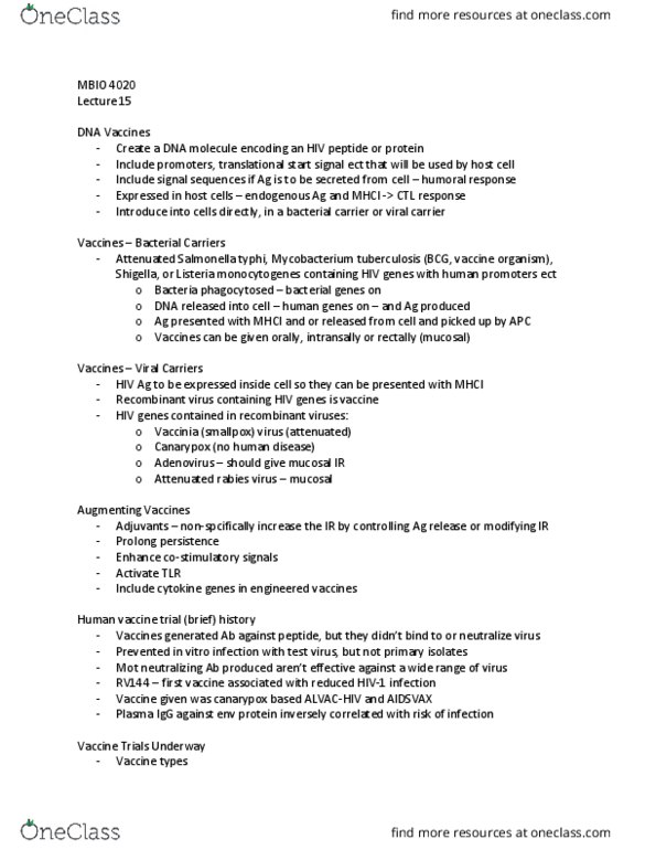 MBIO 4020 Lecture Notes - Lecture 15: Listeria Monocytogenes, Canarypox, Recombinant Virus thumbnail