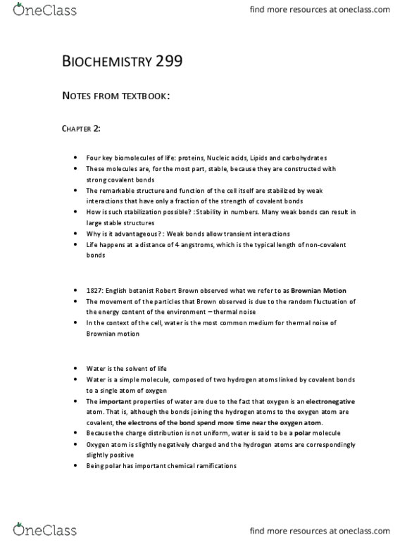 BIOC 299 Chapter Notes - Chapter 1-4: Brownian Motion, Chemical Polarity, Botany thumbnail