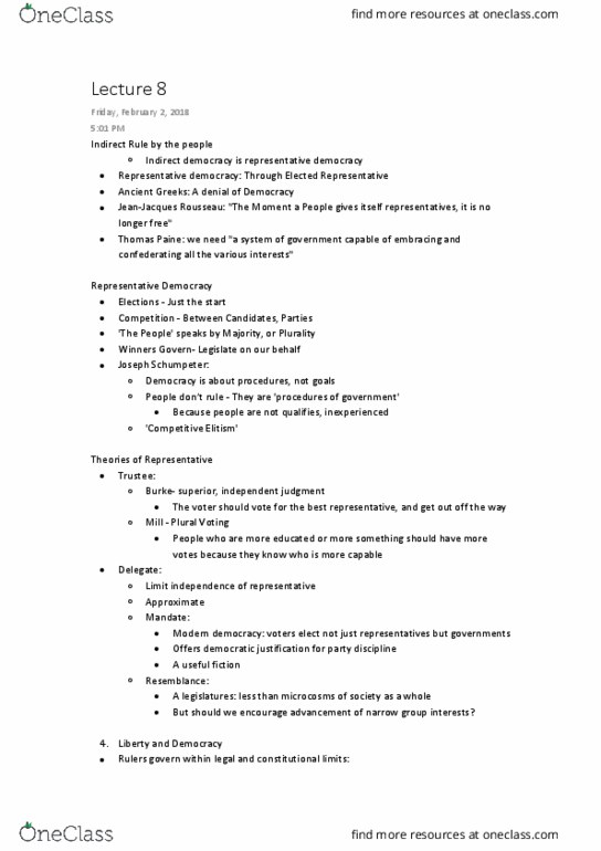 Political Science 1020E Lecture Notes - Lecture 8: Representative Democracy, Joseph Schumpeter, Elitism thumbnail