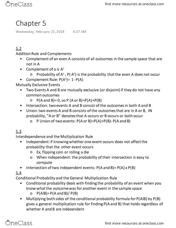 STAT-2300 Lecture Notes - Lecture 1: Mutual Exclusivity, Sample Space thumbnail