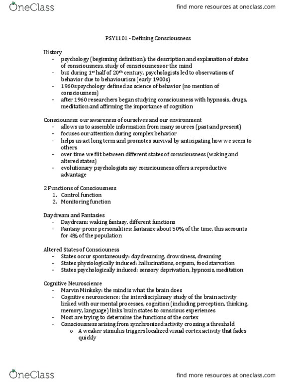 PSY 1101 Lecture Notes - Lecture 13: Visual Cortex, Sensory Deprivation, Visual Perception thumbnail