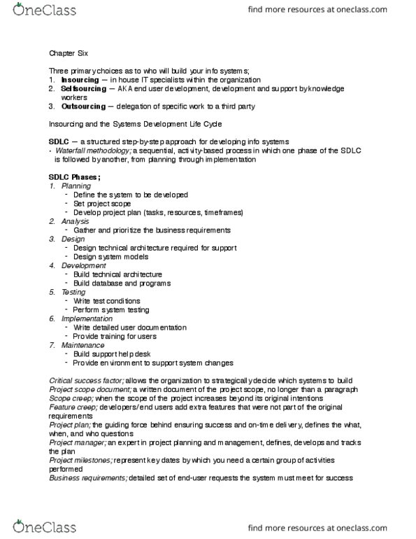 MGIS 317 Chapter Notes - Chapter 6: Systems Development Life Cycle, Critical Success Factor, Scope Creep thumbnail