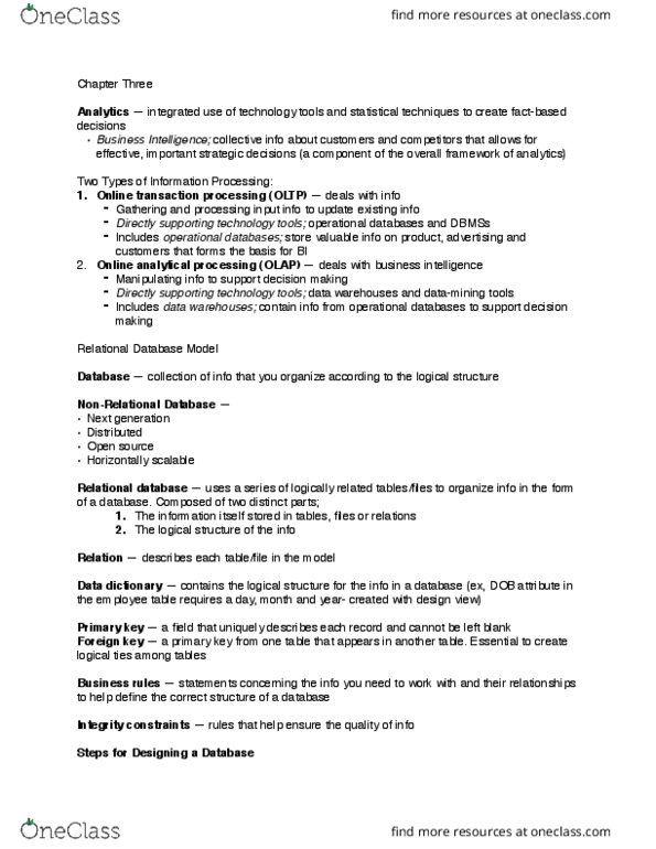 MGIS 317 Chapter Notes - Chapter 3: Online Transaction Processing, Data Integrity, Data Warehouse thumbnail