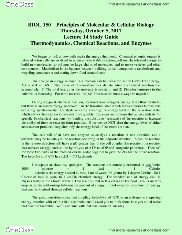 BIOL 150 Lecture Notes - Lecture 14: Phosphate, Chemical Potential, Hydrolysis thumbnail