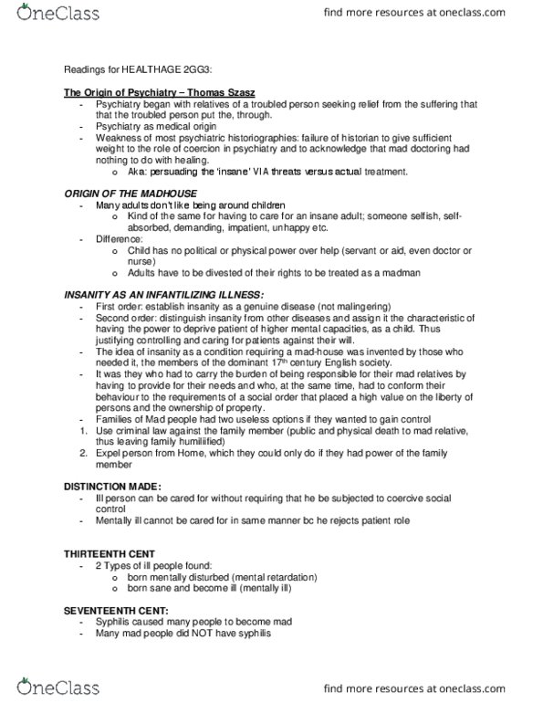 HLTHAGE 2G03 Chapter Notes - Chapter 1-5: Thomas Szasz, Intellectual Disability, Madness thumbnail