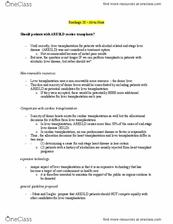 PHILOS 2D03 Lecture Notes - Lecture 20: Alcoholic Liver Disease, Liver Transplantation, Heart Transplantation thumbnail