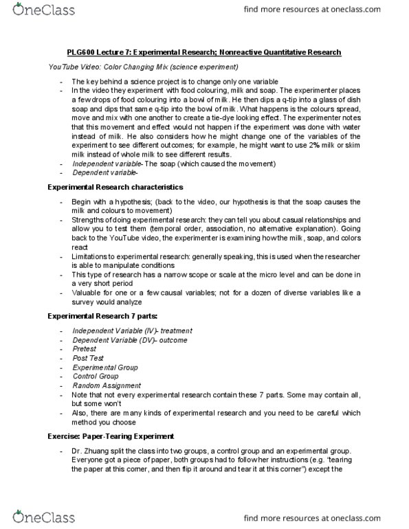 PLG 600 Lecture Notes - Lecture 7: Skimmed Milk, Food Coloring, Dependent And Independent Variables thumbnail