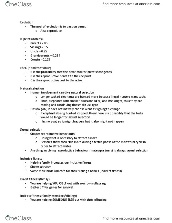 PSYCH 1XX3 Lecture Notes - Lecture 2: Inclusive Fitness, Sexual Selection, Kin Selection thumbnail