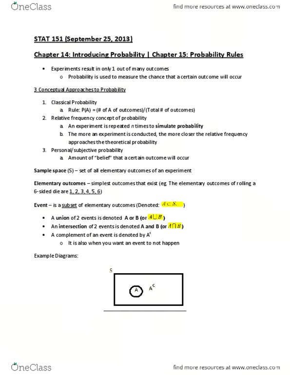 STAT151 Lecture Notes - Marginal Distribution, Sample Space thumbnail