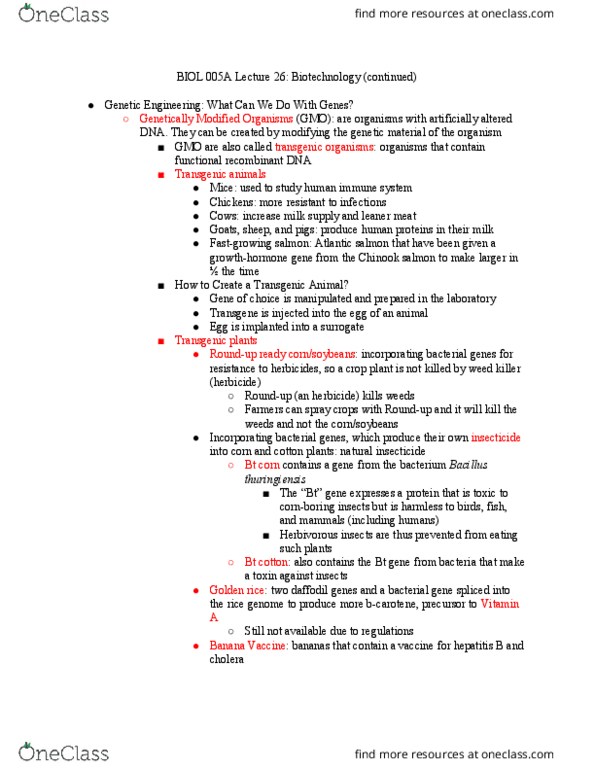 BIOL 005A Lecture Notes - Lecture 26: Bt Cotton, Herbicide, Genetically Modified Organism thumbnail