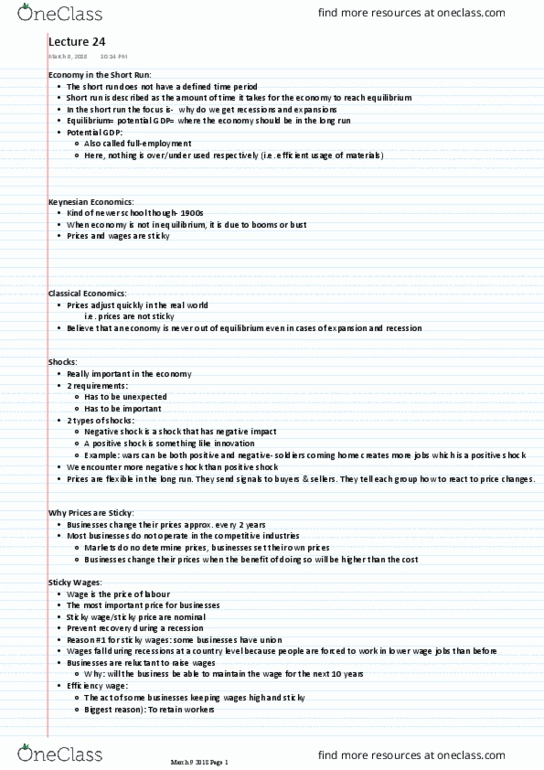 ECON282 Lecture Notes - Lecture 24: Nominal Rigidity, Potential Output thumbnail