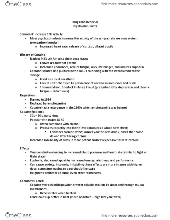 NROSCI 0081 Lecture Notes - Lecture 18: Crack Cocaine, Sympathomimetic Drug, Tachycardia thumbnail