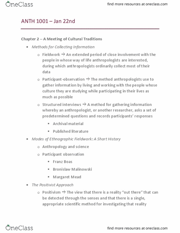 ANTH 1001 Lecture Notes - Lecture 2: Franz Boas, Margaret Mead, Participant Observation thumbnail