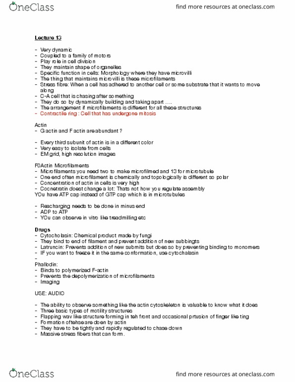 CELL201 Lecture Notes - Lecture 13: Cytochalasin, Microvillus, Treadmilling thumbnail