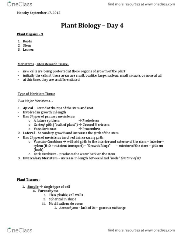 BIOL 1130 Lecture Notes - Herbaceous Plant, Parenchyma, Meristem thumbnail