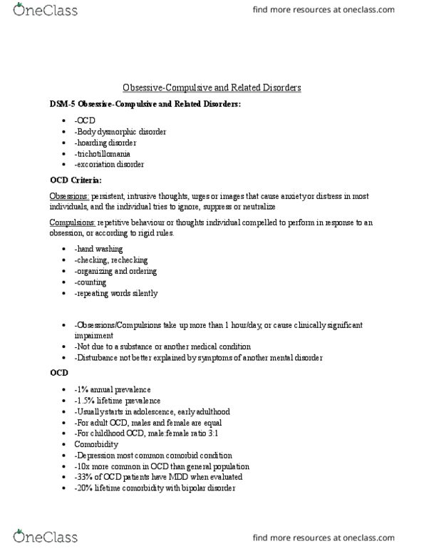 PSYCH 2AP3 Lecture Notes - Lecture 5: Body Dysmorphic Disorder, Bipolar Disorder, Trichotillomania thumbnail